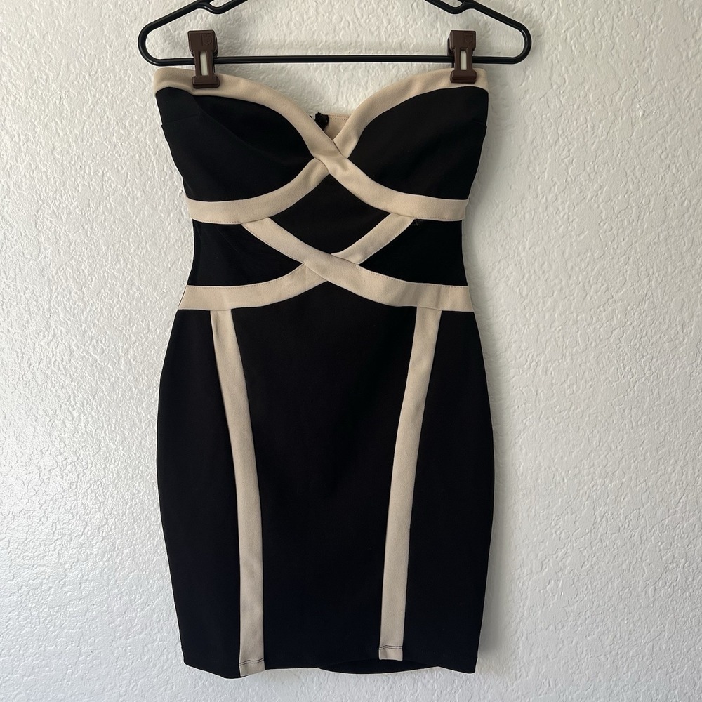 Y2K Mini Dress Medium Black Beige Mesh Cutout Stretch Bodycon Empire Waist
